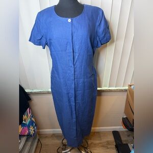 Talbots Vintage Irish Linen Blue Maxi Dress Hidden Button Closure Size 14